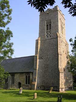 the Perpendicular flint-work tower of Hinderclay Church
