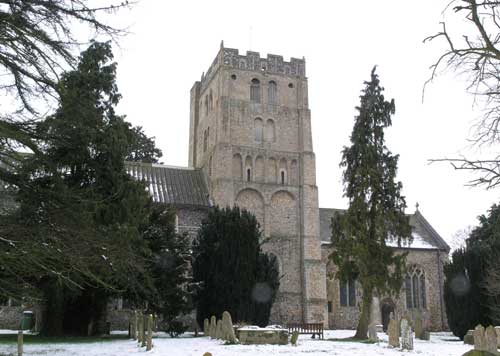 The massive Norman tower in snow